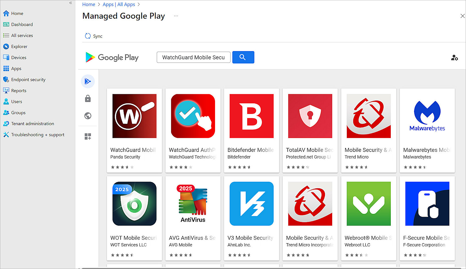 Screenshot of the Search and select App page in Intune